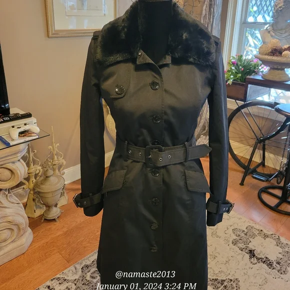 Bebe Cotton Blend Double Lined Removable Lining Faux Fur Trench Coat #510